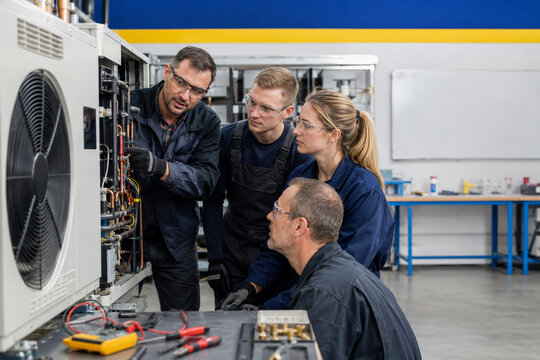 Adult Learners Practicing Heat Pump Maintenance