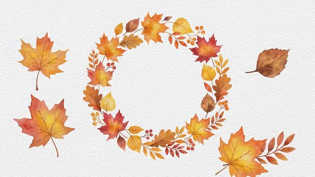 Watercolor autumn leaf wreath with falling foliage on textured paper