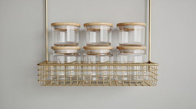 Modern Minimalist Golden Wire Wall Shelf with Organized Glass Jars and Wooden Lids for Home Kitchen Pantry Storage and Interior Design Display on Neutral Gray Background