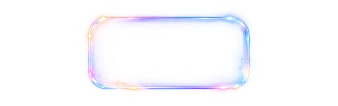 Glowing pastel neon rectangular frame: soft illuminated rainbow gradient rounded border lightbox isolated on transparent background with clipping path. Modern 3D clipart asset with clipping path.