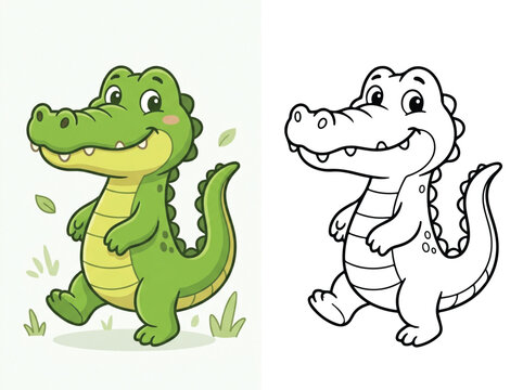 Friendly green cartoon crocodile vector illustration for children coloring book pages