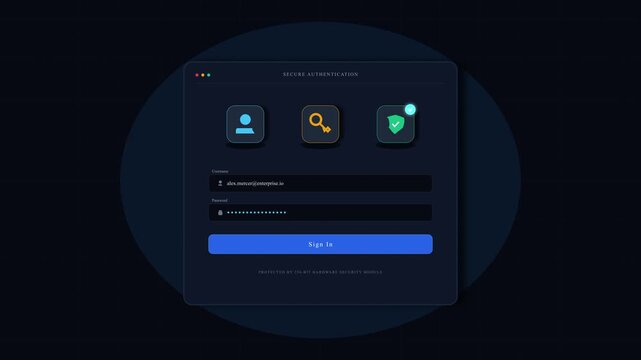 Login screen interface, user authentication icons, password input fields, secure access and digital security, dark mode interface