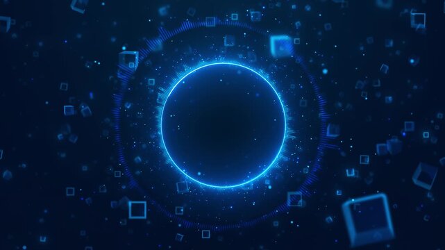 Futuristic AI blue orb pulses inside a field of luminous cubes, sparks and circular waves, visualizing machine intelligence, digital communication, neural systems, innovation and virtual 3D computing.