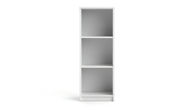 Minimalist white wooden bookshelf with three tiers isolated on white background, modern simple storage shelving unit for home office or living room organization, 3d render illustration