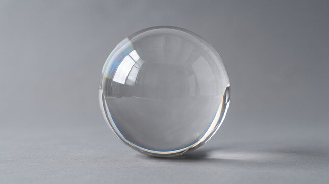 Transparent crystal glass ball on minimalist grey background, clear sphere photography prop for fortune telling and optical refraction concepts