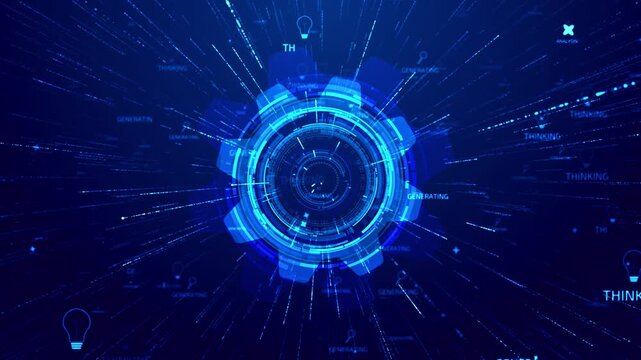 Blue generative intelligence portal pulses with circular controls, luminous signals and thinking icons, machine reasoning, prompt processing, creative automation, neural analysis intelligent software.