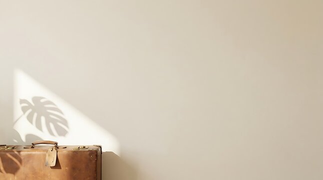 Vintage leather suitcase with decorative plant shadow on a neutral wall suitcase minimalist interior