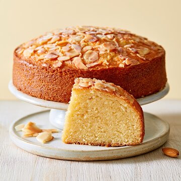 Almond cake with a slice served on cake stand