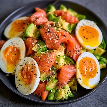Smoked salmon avocado egg salad with sesame seeds