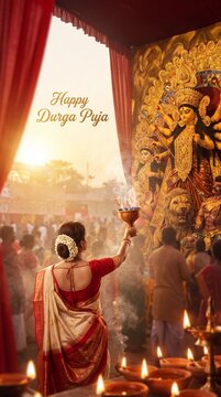 Woman performing Durga Puja ritual holding incense burner at festival