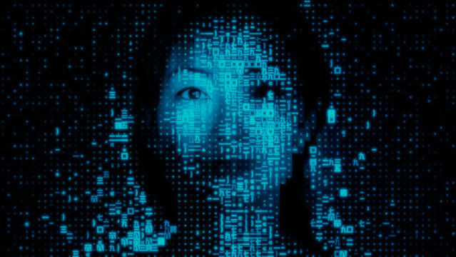 Woman's Face dissolving into Code Fragments. Online Identity Concept.