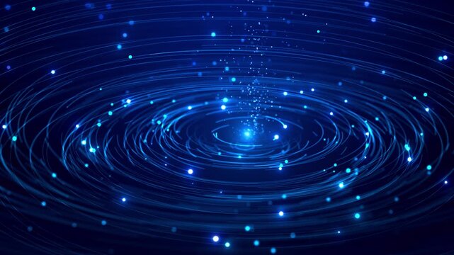 Glowing blue particles curved light trails spiral central energy point on a dark background. futuristic technology, digital energy, science, data visualization, cosmic motion abstract backgrounds.