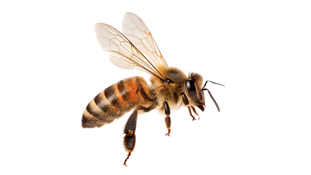Single wild honey bee insect flying wings open isolated on transparent background.