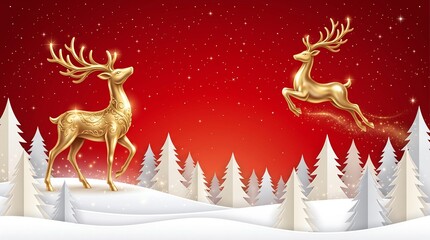 Obraz premium Golden reindeer leaping and standing in a winter forest with snow and sparkling red background