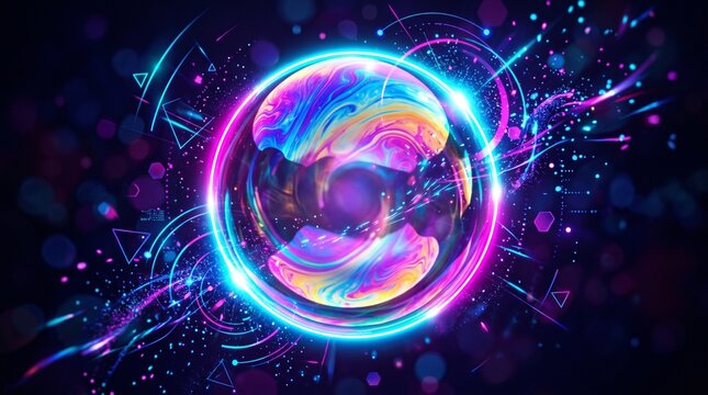 Futuristic neon sphere with glowing energy rings, abstract cosmic orb with vibrant purple and blue light effects, high-tech digital art background