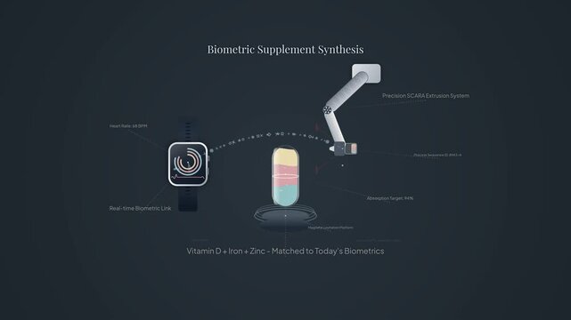 3D animation of futuristic biometric supplement synthesis, featuring a smartwatch tracking heart rate and a robotic arm creating a personalized vitamin capsule on a magnetic levitation platform