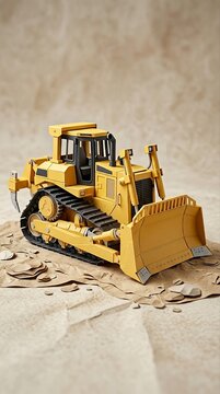 3D papercraft illustration of a heavy yellow bulldozer construction vehicle on a textured background, layered origami paper art style.