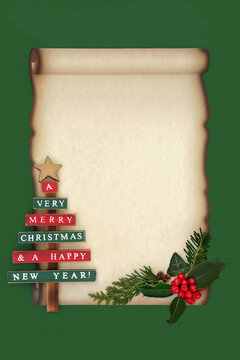 Retro style vintage Christmas tree decoration, winter flora on paper scroll on green. Old fashioned design for letter to santa or party invitation.
