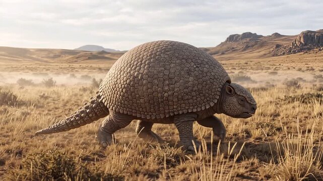 Glyptodon Walking Across Prehistoric South American Plains at Sunrise, Armored Megafauna in Natural Grassland Habitat for Paleontology and Science Documentary Production