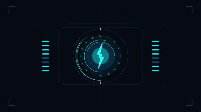 Futuristic glowing energy bolt icon with digital HUD interface, technology concept