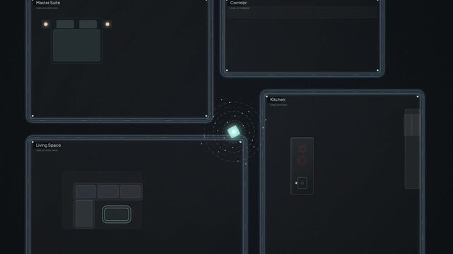Smart home security system UI interface animation demonstrating acoustic signature processing, detecting a glass break in the kitchen, and automatically alerting the police with a dispatch code