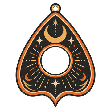 Spirit Board Planchette Hanging Ornament with Crescent Moon, Stars and Celestial Symbols Isolated on Transparent Background for Mystical Halloween Decor