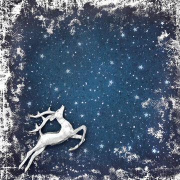 Christmas Eve silver reindeer tree decoration design on blue grunge border background. Fantasy winter cold theme for festive Xmas holiday season.