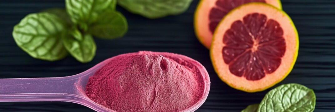 Pink Sublimated Fruit Powder Scooped In A Plastic Spoon With Fresh Blood Orange And Mint Leaves View