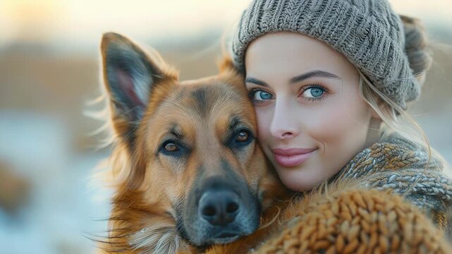 Cozy winter moment: woman and dog embrace in serene outdoors