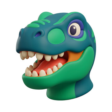 Cute cartoon trex dinosaur head character, friendly 3d illustration of a prehistoric creature isolated on transparent background