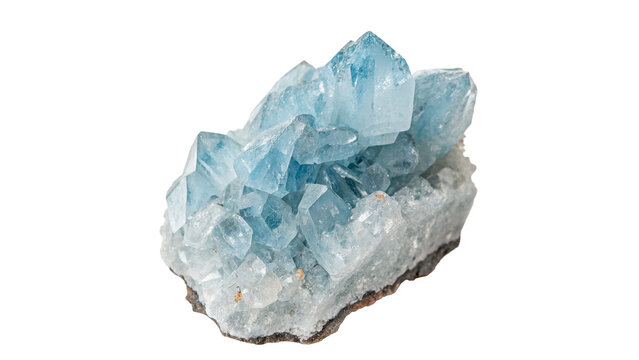 Natural raw blue celestite mineral stone crystal cluster isolated on transparent background.
