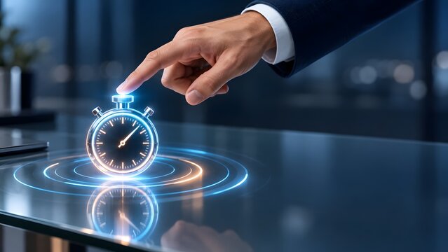 Businessman interacting with glowing digital stopwatch interface for time management and productivity tracking