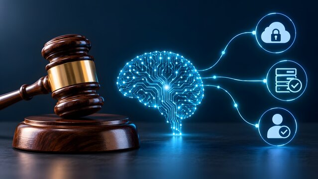 Digital brain and judge gavel representing artificial intelligence legislation cyber law and intellectual property rights