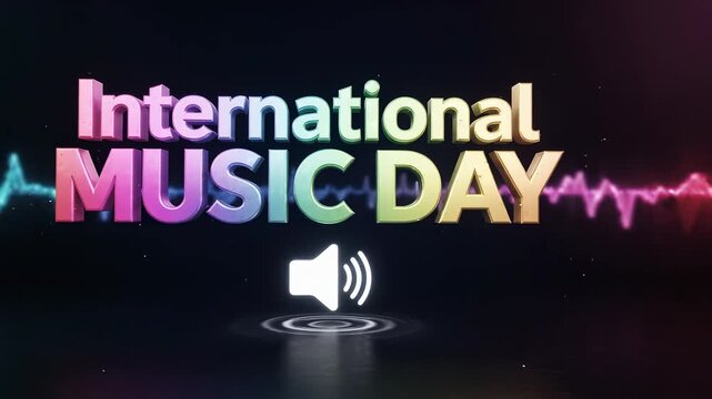 Colorful 'International MUSIC DAY' text with sound waves and a speaker icon on a dark background, celebrating global music.