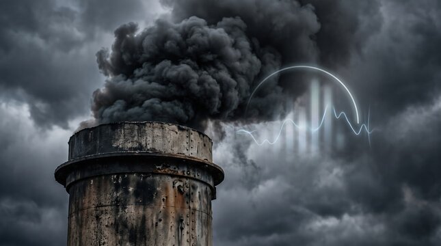 an industrial rusty smokestack emitting thick black smoke into a stormy sky with pollution analytics