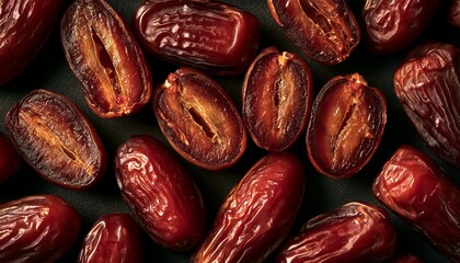 Obraz premium Organic Dried Date Fruit Pieces Arranged in a Top View Flatlay Composition for Healthy Snack Food