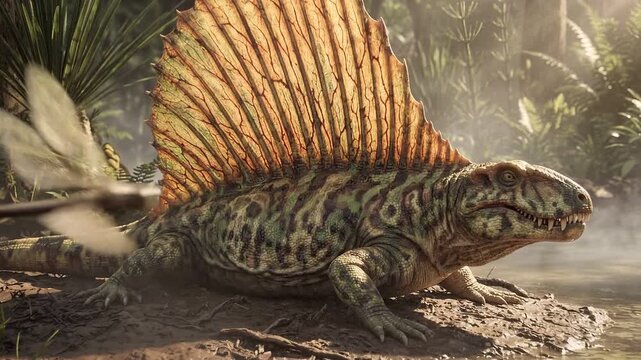 Dimetrodon synapsid basking on a muddy bank in a prehistoric Permian swamp, featuring a prominent dorsal sail for paleontology and evolutionary science media