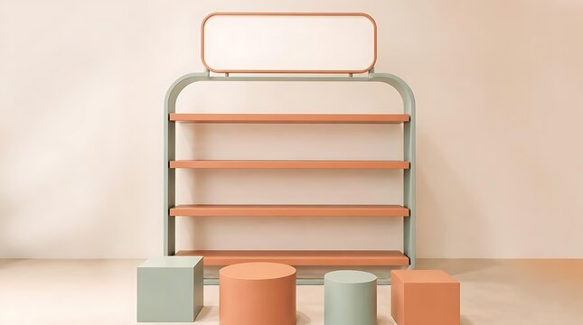 Minimalist 3D retail display shelves with blank header and geometric pedestals in pastel terracotta and sage green colors, perfect for product presentation or boutique shop layout mockup