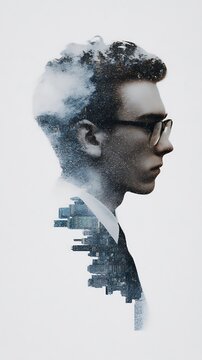 A double exposure portrait of a man with glasses merges with a cityscape and mist, blending urban elements and human profile in monochrome tones.