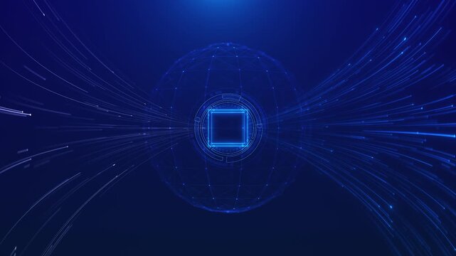 Blue data trails rush toward glowing square core enclosed by a connected globe mesh. Suitable for cloud systems, neural processing, data transfer, automation, cybersecurity and futuristic tech intros.