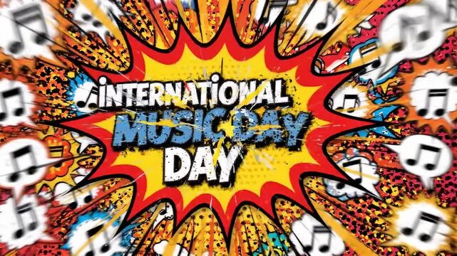 A vibrant comic book style graphic celebrating International Music Day with musical notes exploding from a central burst.