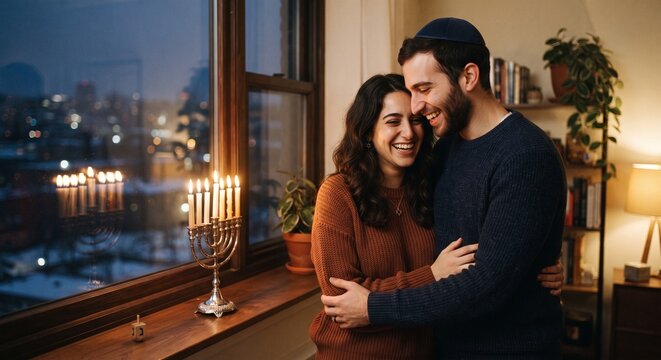 Happy Jewish couple hugging near menorah by window during Hanukkah celebration