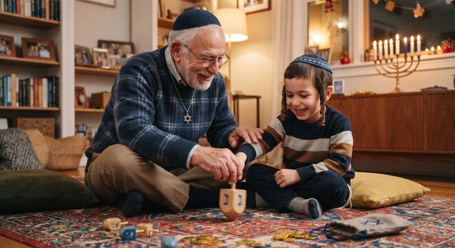 Happy Jewish grandfather and grandson playing with dreidel on floor during Hanukkah