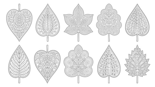 Mandala Style Zentangle Leaf Outline Coloring Book Page Vector Set