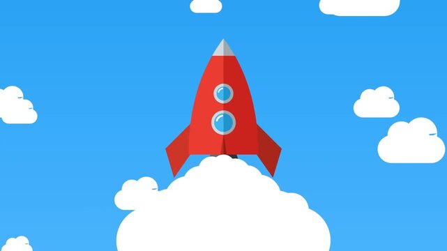 Animated Red Rocket Ship Launching Into The Blue Sky With Clouds.