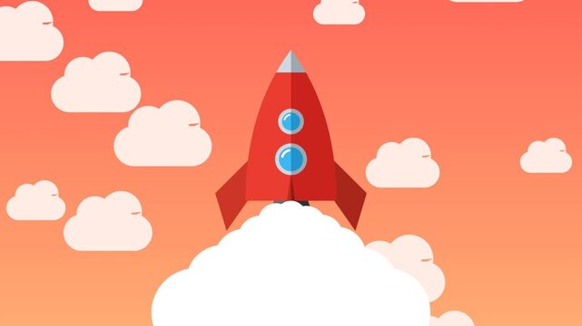 Animated Red Rocket Launching Into The Sky With Clouds Background.