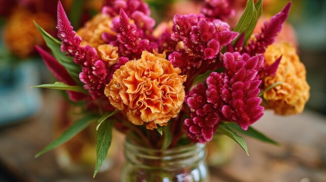 Colorful flowers in jar create vibrant arrangement. Orange marigolds and pink cockscombs are complemented by lush green leaves. Natural light enhances their beauty
