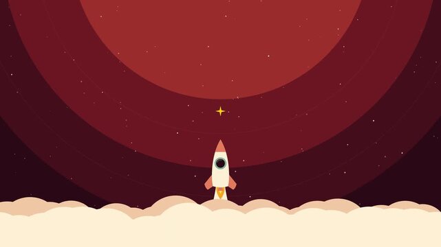 Animated Rocket Launching Into Deep Space With Glowing Star And Planet Background.