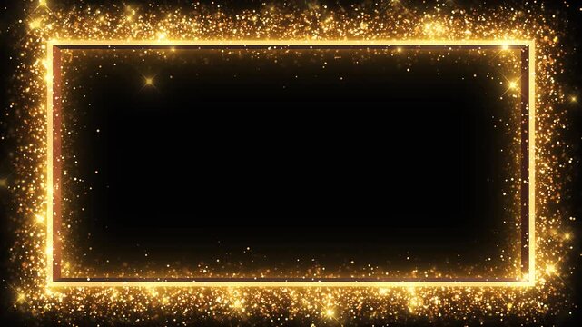 Golden dust and starbursts illuminate clean rectangular frame dark central copy space. elegant invitations, product reveals, award ceremonies, festive messages, jewelry advertising cinematic openings.