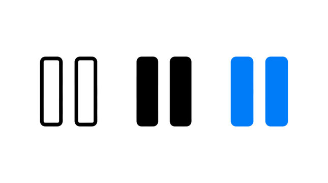 Vector set of pause button icons with outline, solid black, and blue color design variants